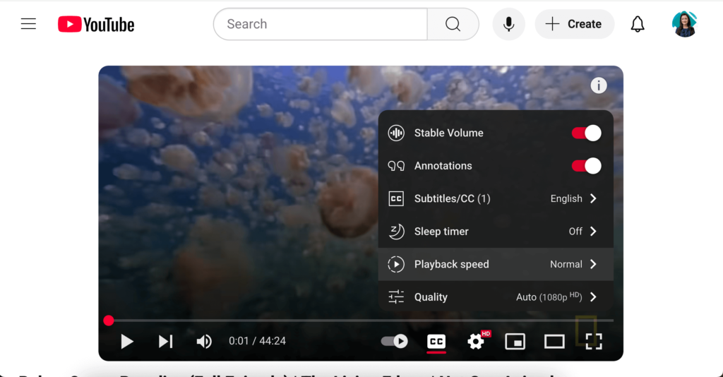 Screenshot of playback speed and caption settings to support accessibility and flexible pacing with YouTube in the classroom.